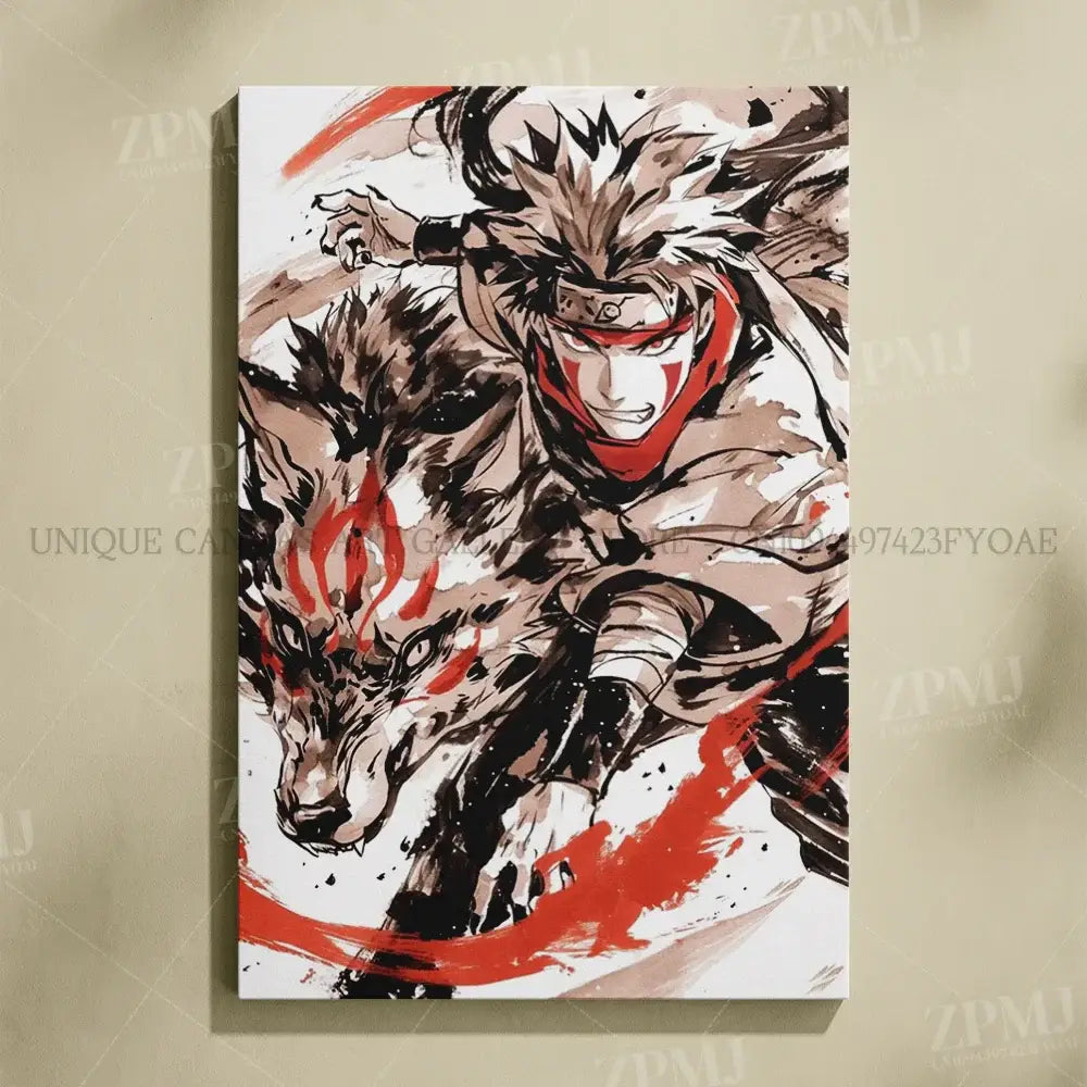 Naruto uchiha itachi canvas wall art featuring spiky-haired character riding fiery wolf in bold ink washes on white frameless print
