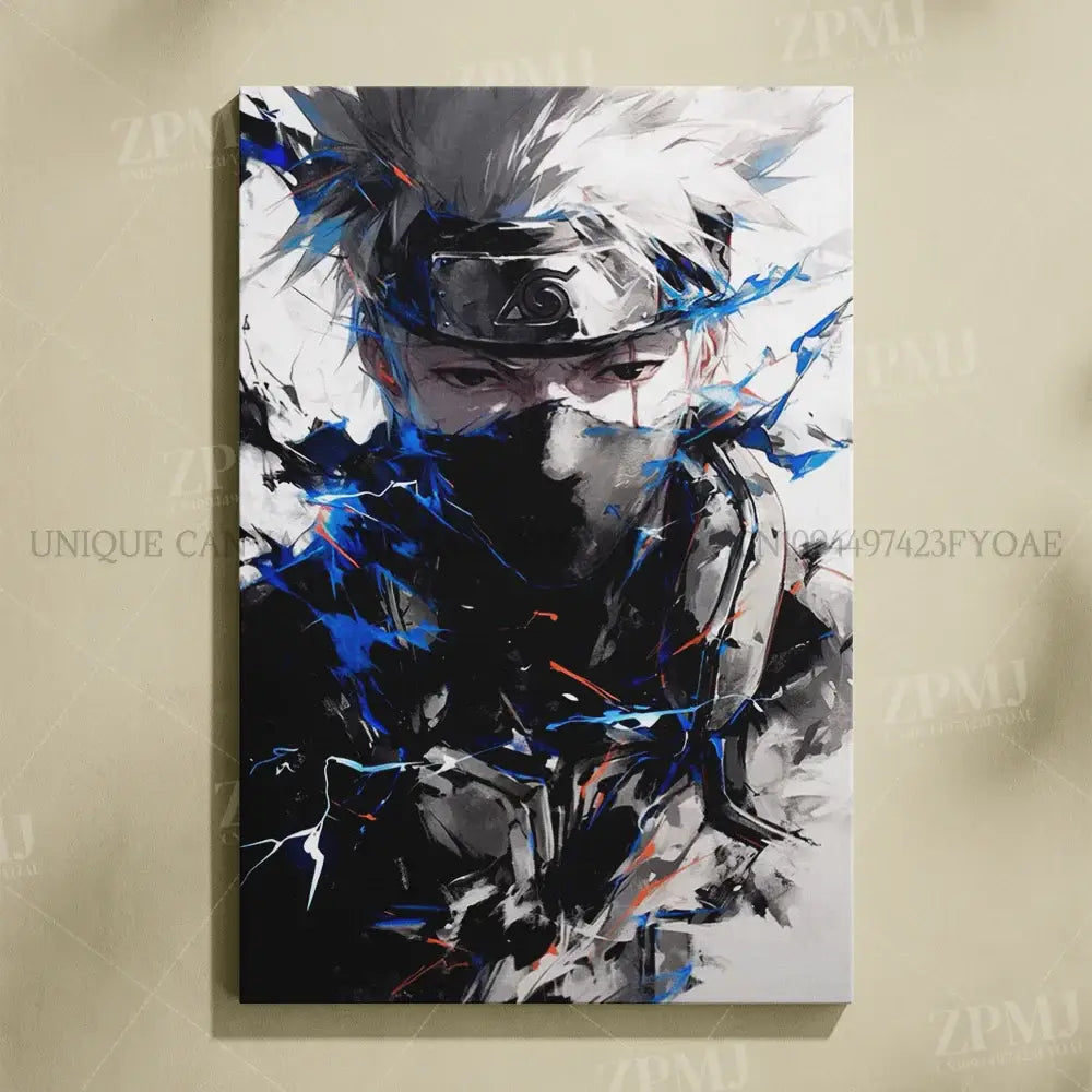 Dynamic stylized kakashi hatake canvas print in black white with blue energy streaks for naruto uchiha itachi wall art