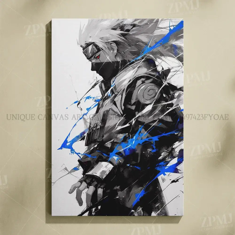Black and white anime canvas print of kakashi hatake with blue splatters for naruto uchiha itachi wall art