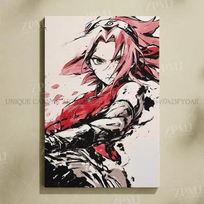 Naruto uchiha itachi vibrant frameless hd canvas wall art featuring dynamic pink-haired anime character in red and black attire