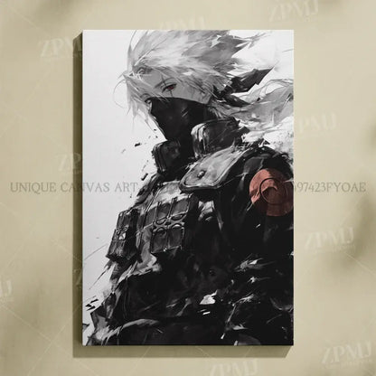 Black and white naruto uchiha itachi canvas wall art featuring stylized anime character in tactical gear frameless print