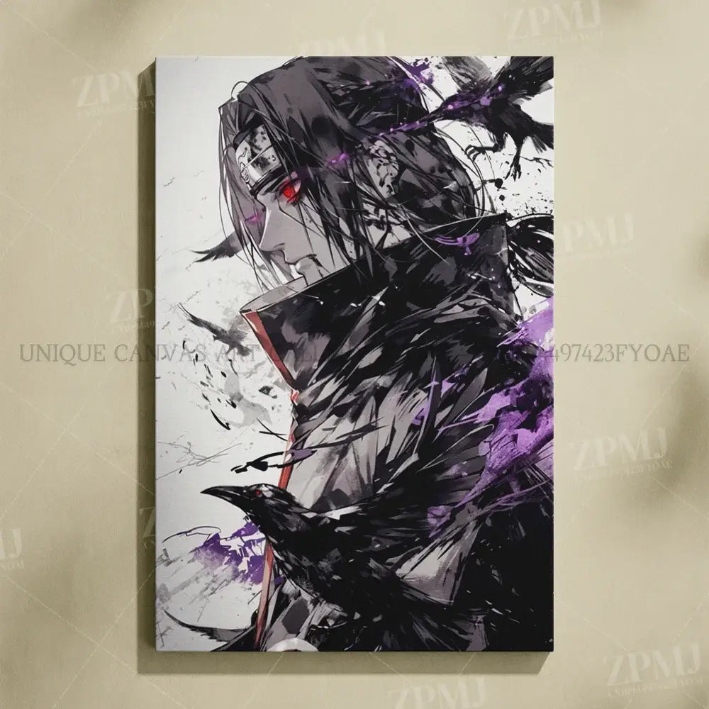 Black and purple naruto uchiha itachi canvas wall art featuring a stylized figure with red eyes and crow on shoulder
