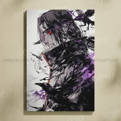 Black and purple naruto uchiha itachi canvas wall art featuring a stylized figure with red eyes and crow on shoulder