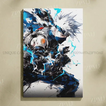 Dynamic frameless hd canvas wall art of kakashi hatake with blue energy effects in naruto uchiha itachi style