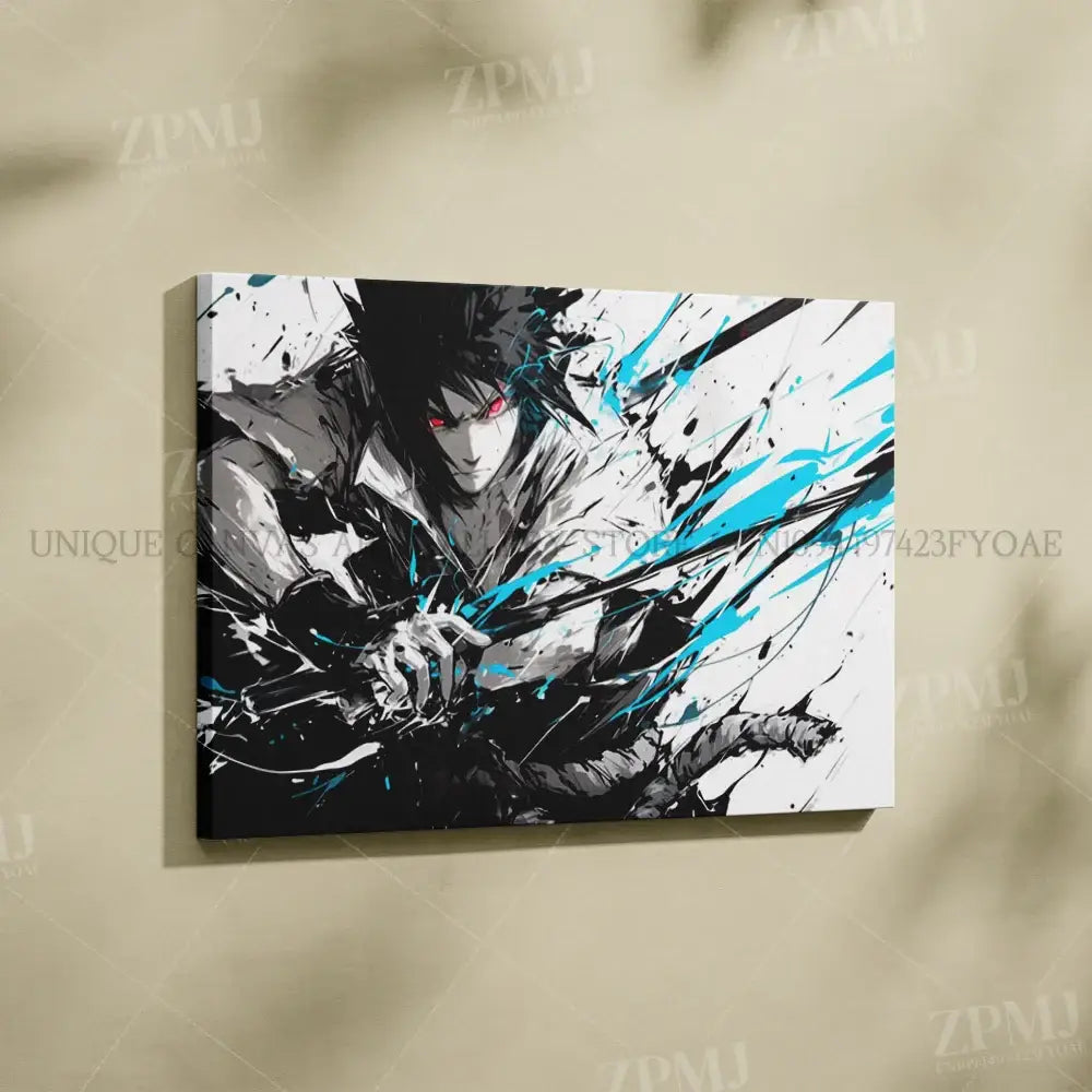 Naruto uchiha itachi black and white canvas wall art with red eyes and blue splatter frameless hd print