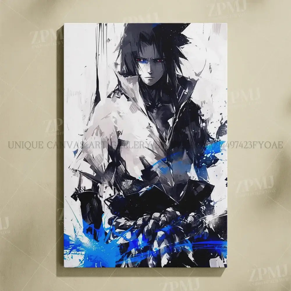 Naruto uchiha itachi black and white abstract canvas wall art featuring sasuke with striking blue eyes and vibrant energy splash