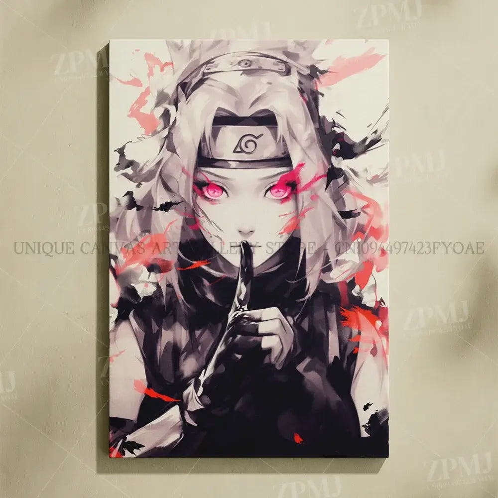 Striking black-and-white naruto uchiha itachi canvas wall art with vibrant pink eyes and silver hair frameless hd print