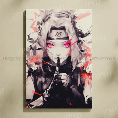 Striking black-and-white naruto uchiha itachi canvas wall art with vibrant pink eyes and silver hair frameless hd print