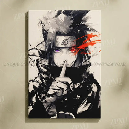 Black and white naruto uchiha itachi canvas wall art featuring spiky hair character with red and purple eyes and spiral headband