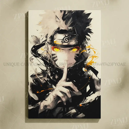 Black and white naruto uchiha itachi canvas wall art featuring stylized anime character with glowing orange eyes