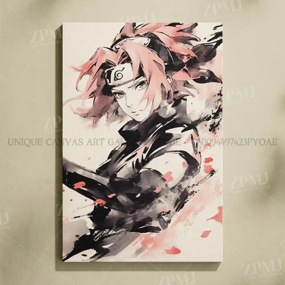 Naruto uchiha itachi canvas wall art featuring stylized itachi in red black and white ink wash on frameless hd print