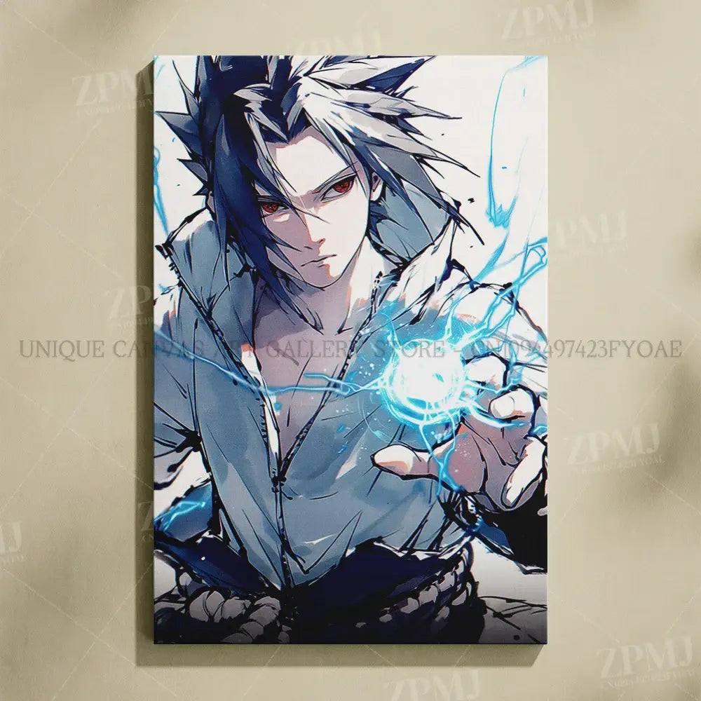 Anime style naruto uchiha itachi canvas wall art featuring character with spiky blue and white hair holding blue chakra energy