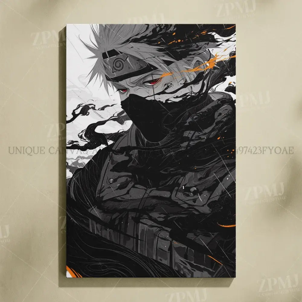 Black and white naruto uchiha itachi canvas wall art featuring kakashi with red eyes and orange accent streak frameless print