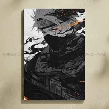 Black and white naruto uchiha itachi canvas wall art featuring kakashi with red eyes and orange accent streak frameless print