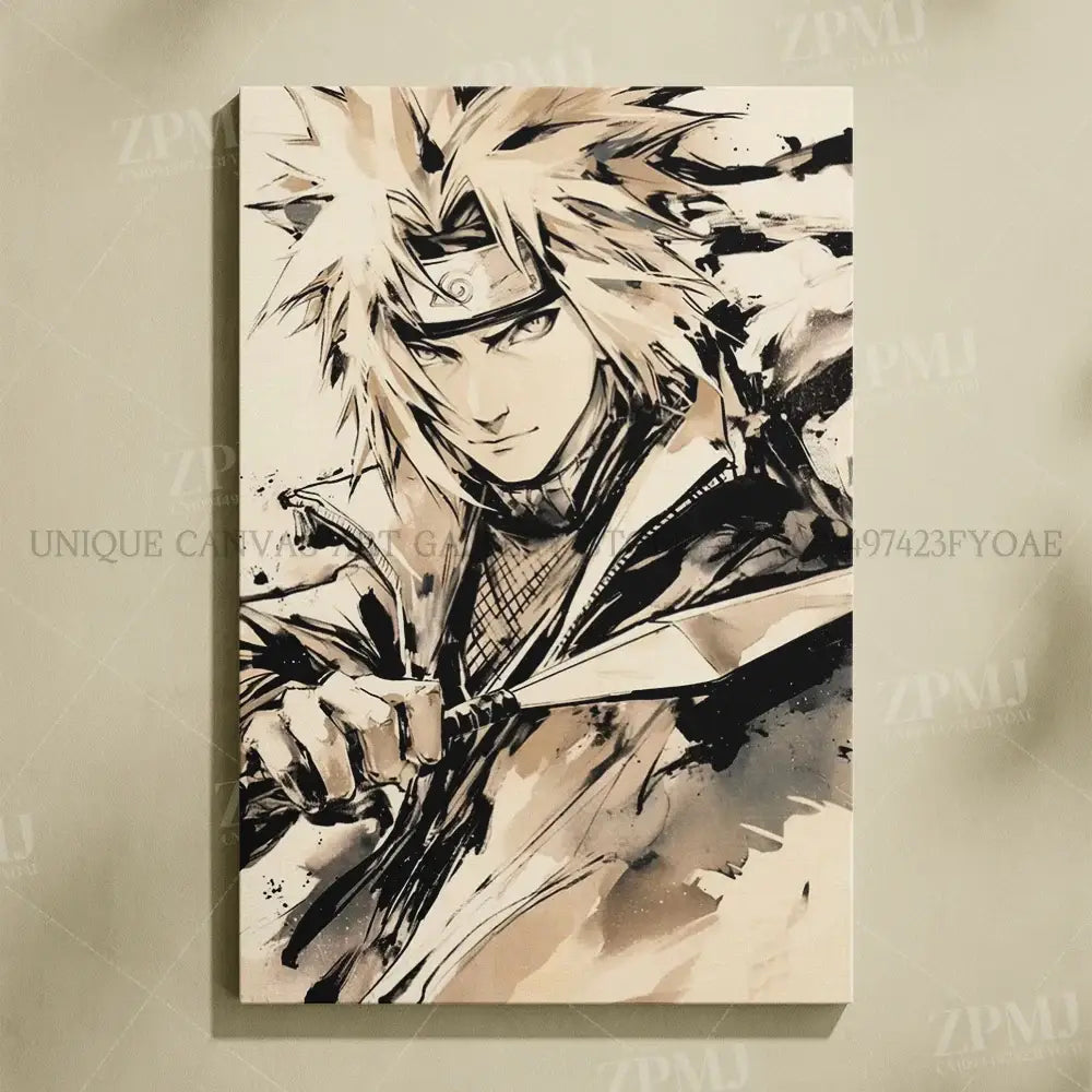Black and beige ink-styled naruto uchiha itachi canvas wall art featuring dynamic anime pose frameless hd print