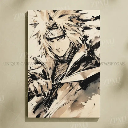 Black and beige ink-styled naruto uchiha itachi canvas wall art featuring dynamic anime pose frameless hd print