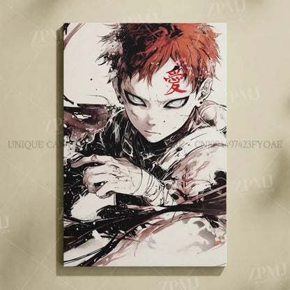 Naruto uchiha itachi canvas wall art with spiky red hair and bold red kanji on black ink frameless print
