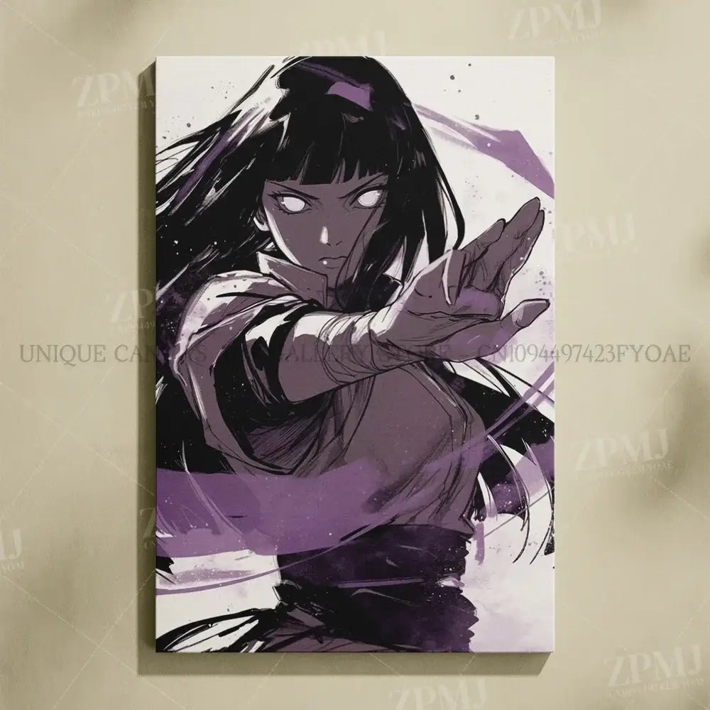 Purple and black naruto uchiha itachi canvas wall art featuring dynamic pose and stylized ink splatter effects frameless print