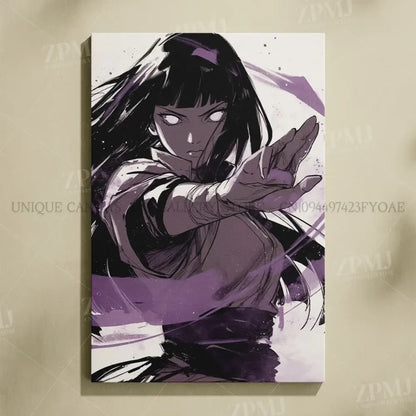 Purple and black naruto uchiha itachi canvas wall art featuring dynamic pose and stylized ink splatter effects frameless print