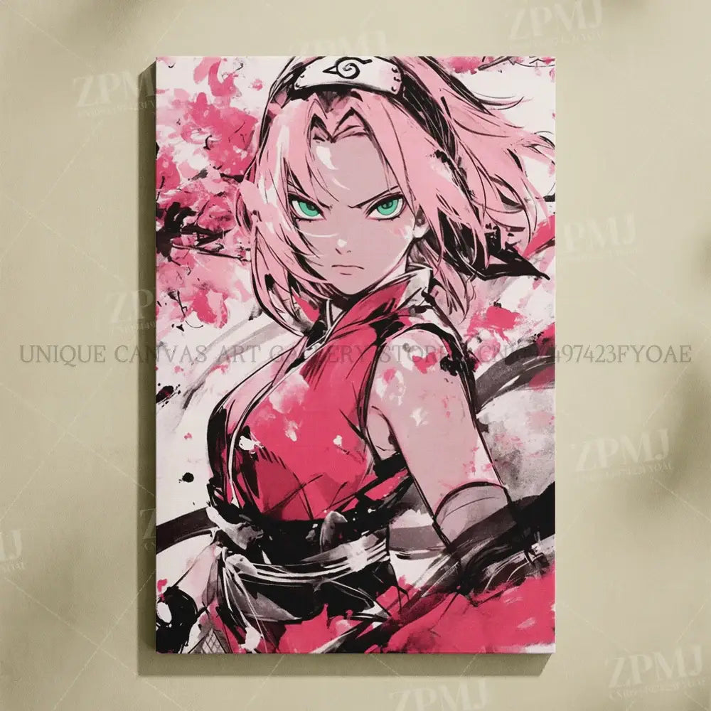 Vibrant naruto uchiha itachi canvas wall art featuring stylized anime character with pink hair and splattered blossoms