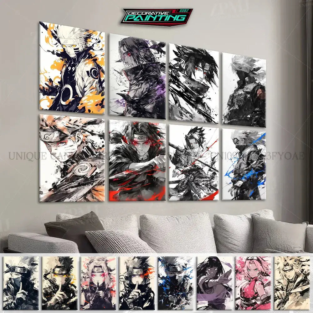 Set of nine vibrant uchiha itachi canvas wall art in bold black white and orange modern abstract style frameless print