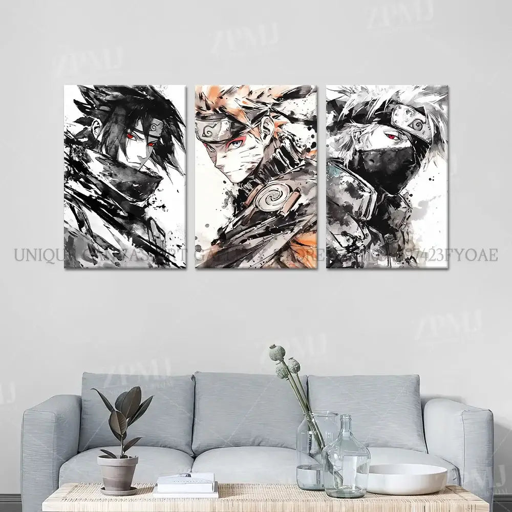 Three-panel naruto uchiha itachi canvas wall art featuring black-and-white ink wash portraits with orange highlights
