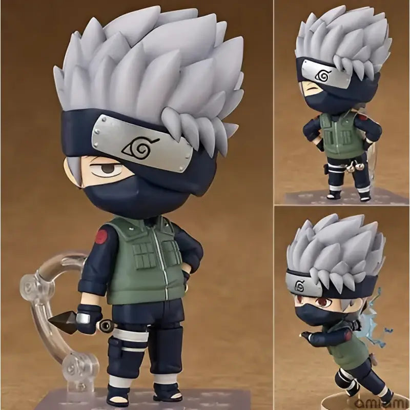 Chibi-style kakashi hatake figure with silver hair navy mask and green vest in naruto uchiha itachi figure set pvc 11cm