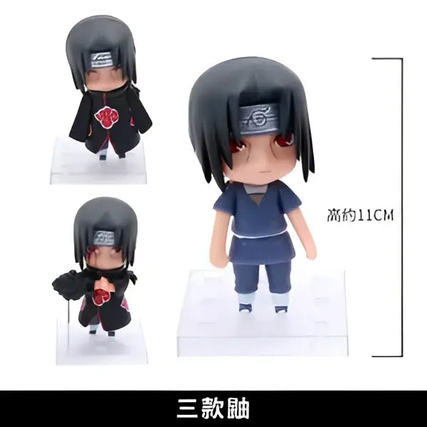 Black-haired uchiha itachi figure set in blue and black attire with red cloud emblem on clear plastic base pvc 11cm