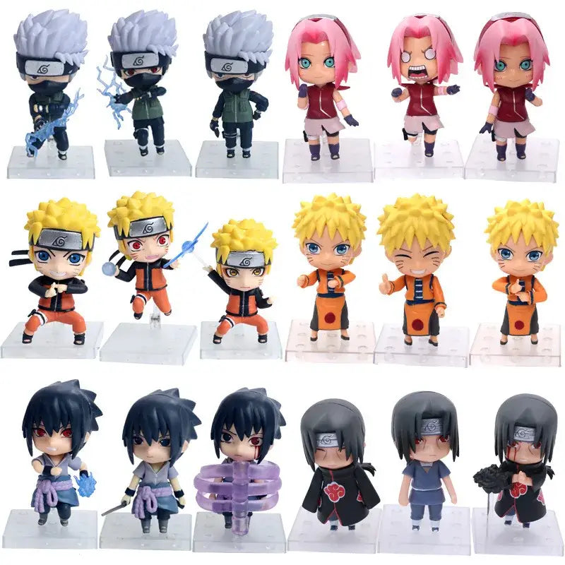 Chibi style naruto and uchiha itachi figure set with detailed molded pvc bodies in orange and black outfits 11cm