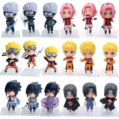 Chibi style naruto and uchiha itachi figure set with detailed molded pvc bodies in orange and black outfits 11cm