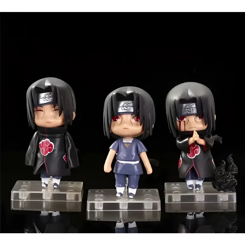 Three chibi-style uchiha itachi figures in black akatsuki cloaks from naruto figure set 11cm pvc 3pcs