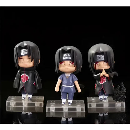 Three chibi-style uchiha itachi figures in black akatsuki cloaks from naruto figure set 11cm pvc 3pcs
