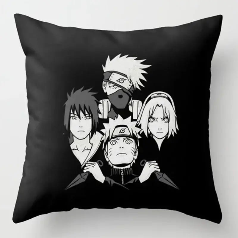 Black soft short plush pillow case featuring black-and-white naruto characters with red cloud design