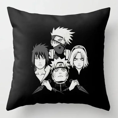Black soft short plush pillow case featuring black-and-white naruto characters with red cloud design