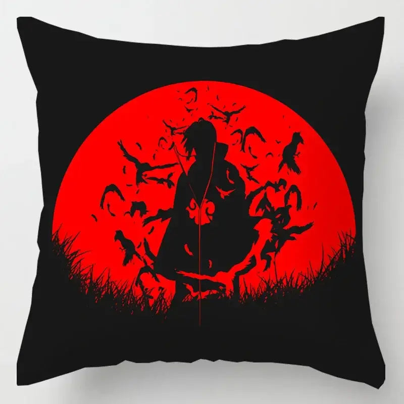 Black Naruto Uchiha Itachi soft short plush pillow case with bold red cloud circle and anime silhouettes design