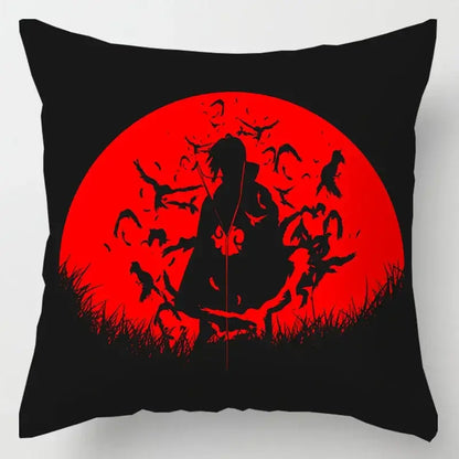 Black Naruto Uchiha Itachi soft short plush pillow case with bold red cloud circle and anime silhouettes design