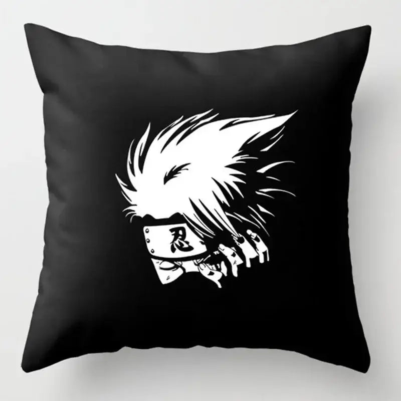Black soft short plush pillow case featuring bold white anime character with spiky hair and red cloud headband kanji ninja