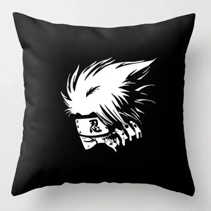 Black soft short plush pillow case featuring bold white anime character with spiky hair and red cloud headband kanji ninja