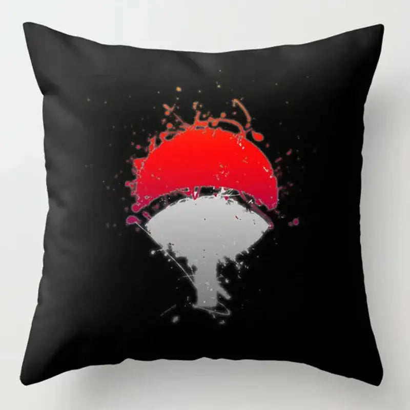 Black soft short plush throw pillow case with bold red cloud uchiha clan symbol splatter design for Naruto fans