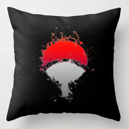 Black soft short plush throw pillow case with bold red cloud uchiha clan symbol splatter design for Naruto fans