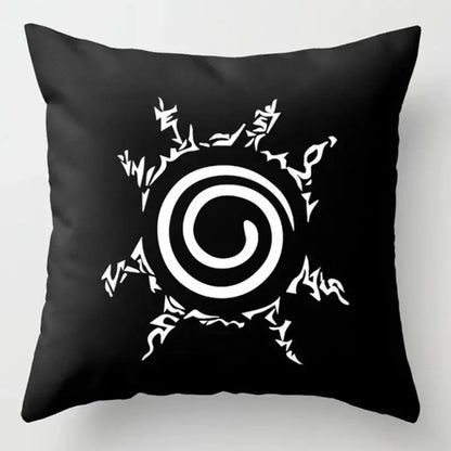 Black Naruto Uchiha Itachi soft short plush pillow case featuring bold white spiral emblem with stylized angular rays red cloud