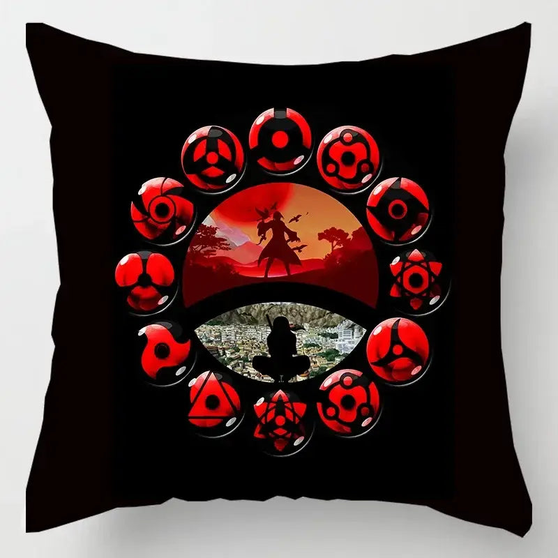 Black soft short plush pillow case with red cloud sharingan eyes and anime scenes for naruto uchiha itachi fans