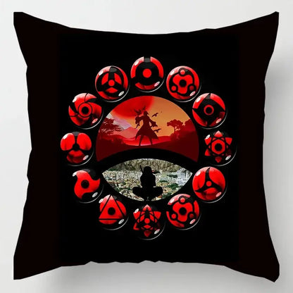 Black soft short plush pillow case with red cloud sharingan eyes and anime scenes for naruto uchiha itachi fans