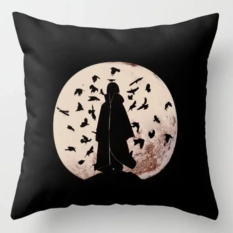 Black soft short plush pillow case featuring an anime cloak silhouette with red cloud design and full moon background