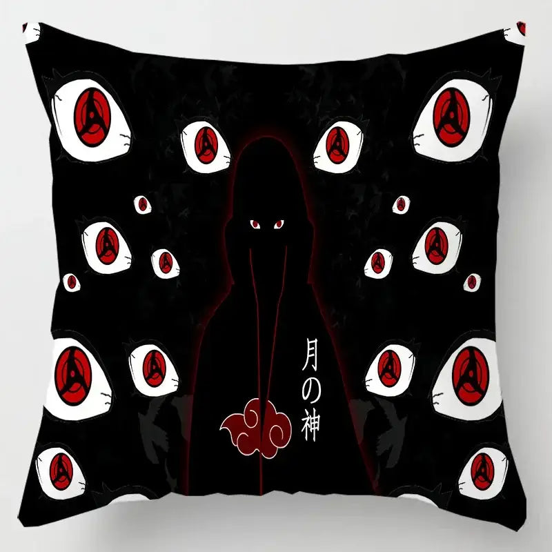 Black soft short plush pillow case with red cloud design featuring itachi silhouette and sharingan eyes and moon god text