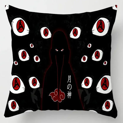 Black soft short plush pillow case with red cloud design featuring itachi silhouette and sharingan eyes and moon god text