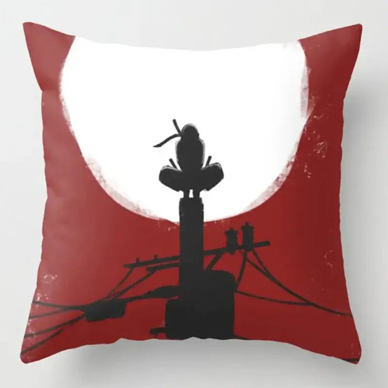Red cloud soft short plush pillow case with red ninja silhouette on pole and white moon for naruto uchiha itachi fans
