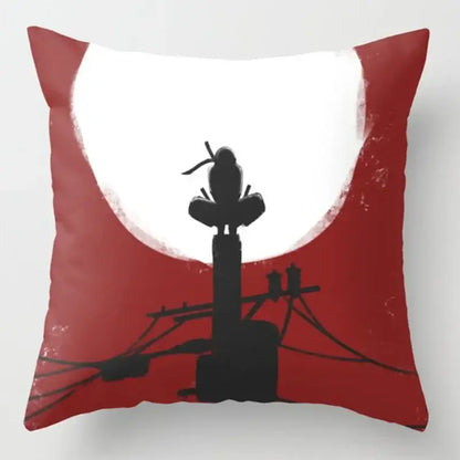 Red cloud soft short plush pillow case with red ninja silhouette on pole and white moon for naruto uchiha itachi fans