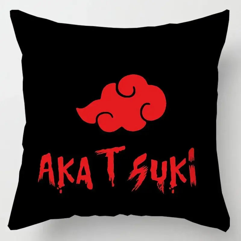 Black soft short plush pillow case with red cloud akatsuki emblem and bold dripping lettering for naruto fans