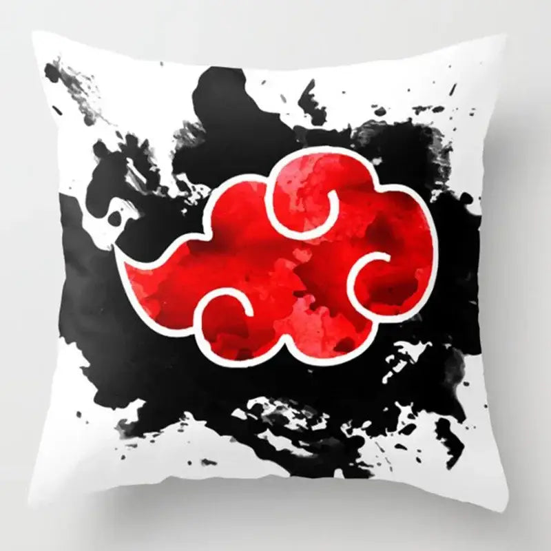 White soft short plush pillow case featuring a bold red cloud emblem with black ink splatter accents for Naruto fans